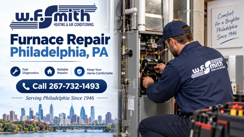 Technician repairing a gas furnace in a Philadelphia, PA home.